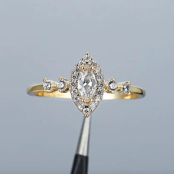 14k Yellow Gold Diamond Ring Marquise Cut Dainty Ring Band - Picture 2 of 4